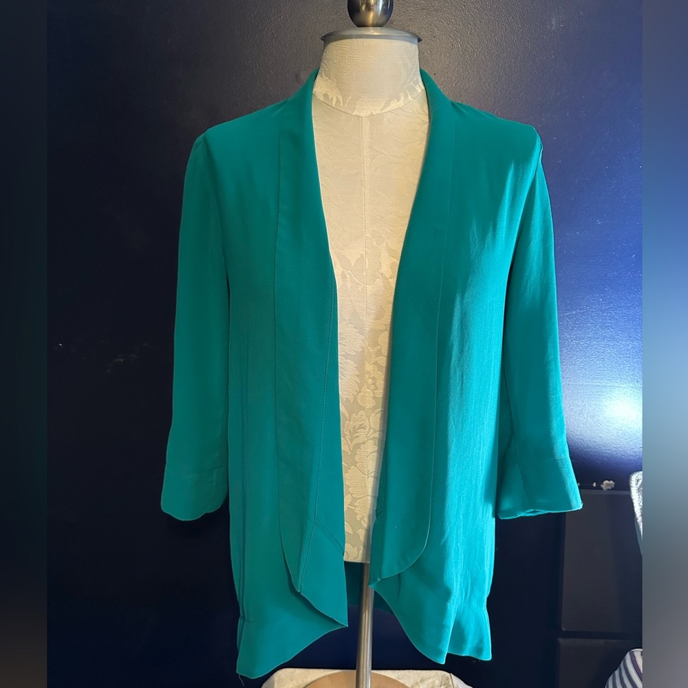 Lush Emerald Green Open Front Blazer Cardigan 3/4 Sleeve Lightweight  Size M